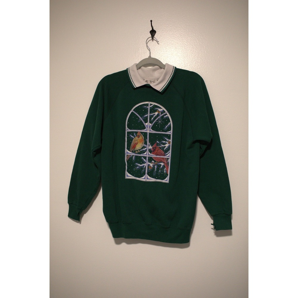 Vintage Cracker Barrel Cardinal Window Sweatshirt Green Double Collar Pullover